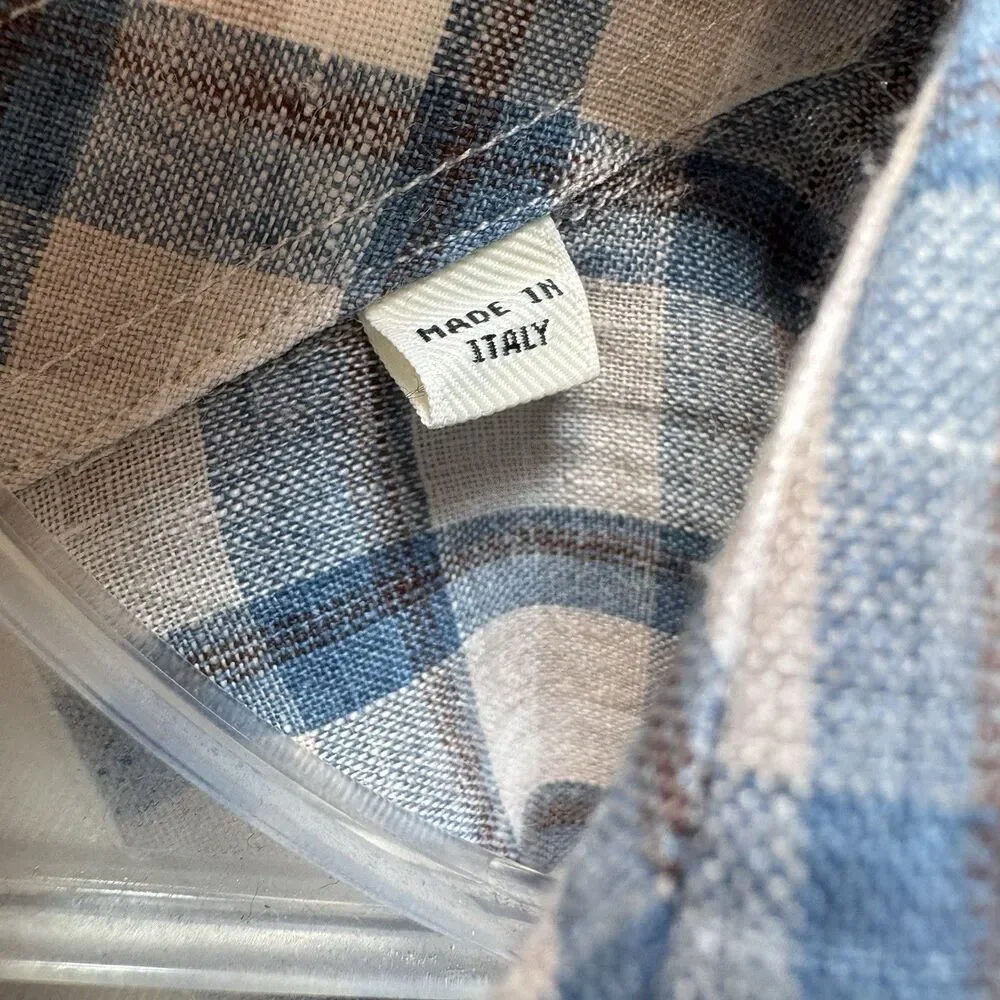 Billy Reid Standard Italian Linen Plaid Button Up Short Sleeve Shirt Men Medium